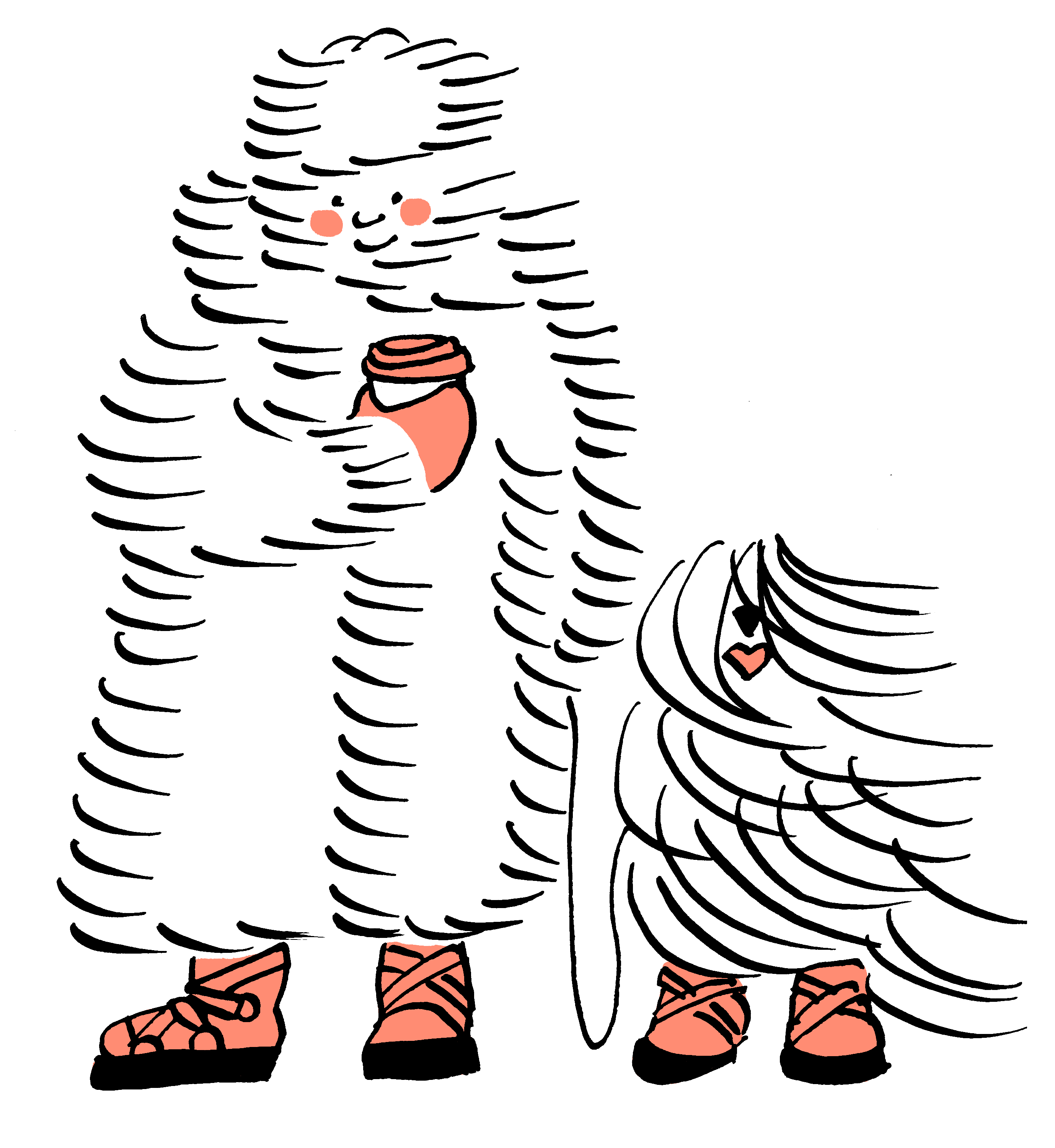 llustration of a person with a fur coat and hat holding a takeaway cup of coffee next to a furry dog